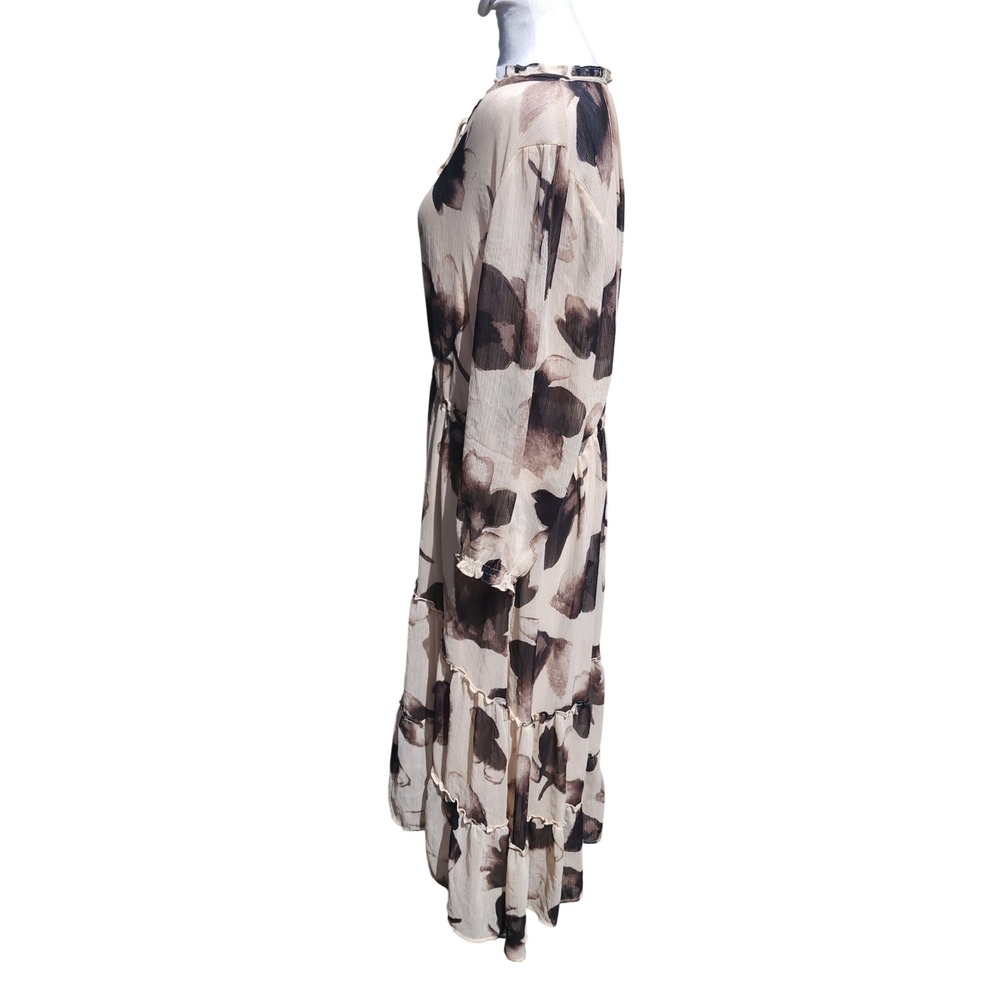 Simply Vera Vera Wang XXL Cream Brown Floral Tiered Chiffon Midi Dress Tie Neck - Picture 2 of 7